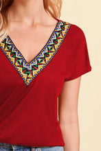 Red V Neck Short Sleeve Top with Colorful Embroidered Trim