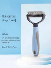 Blue and gray pet hair removal comb with 17 large teeth reduces shedding