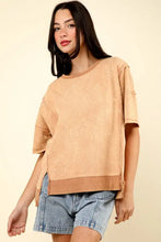Relaxed fit exposed seam slit t-shirt in light brown with ribbed hem