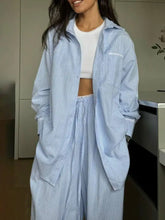 Light blue white striped oversized button-up shirt relaxed fit set