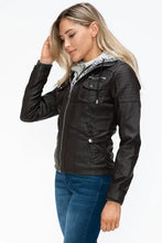 Removable Faux Layered Black Hooded Jacket with Sherpa-Lined Hood Woman Outerwear