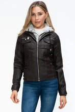 Removable faux layered black hooded jacket with Sherpa-lined hood