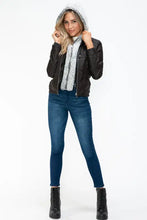 Removable Faux Layered Black Hooded Jacket with Sherpa-Lined Hood Woman Outerwear