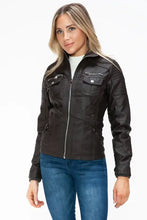 Removable Faux Layered Black Hooded Jacket with Sherpa-Lined Hood Woman Outerwear