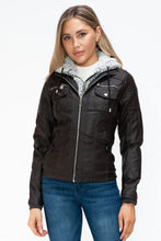 Removable Faux Layered Black Hooded Jacket with Sherpa-Lined Hood Chocolate