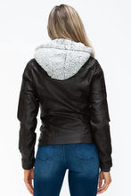 Removable faux layered black hooded jacket with sherpa-lined hood