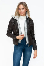 Removable Faux Layered Black Hooded Jacket with Sherpa-Lined Hood Woman Outerwear