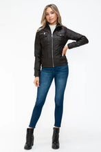 Removable Faux Layered Black Hooded Jacket with Sherpa-Lined Hood Woman Outerwear
