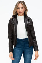Removable Faux Layered Black Hooded Jacket with Sherpa-Lined Hood Woman Outerwear