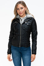 Removable Faux Layered Black Jacket with Fuzzy Hood for Women Black