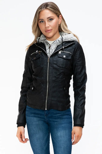 Removable Faux Layered Black Jacket with Fuzzy Hood for Women Black