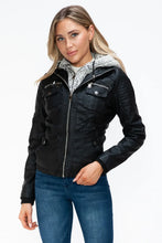 Removable Faux Layered Black Jacket with Fuzzy Hood for Women