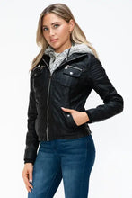 Removable Faux Layered Black Jacket with Fuzzy Hood for Women Woman Outerwear