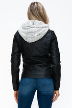 Removable Faux Layered Black Jacket with Fuzzy Hood for Women