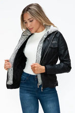 Removable Faux Layered Black Jacket with Fuzzy Hood for Women Woman Outerwear