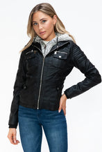 Removable Faux Layered Black Jacket with Fuzzy Hood for Women