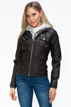 Removable Faux Layered Black Hooded Jacket with Sherpa-Lined Hood
