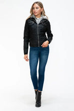 Removable Faux Layered Black Jacket with Fuzzy Hood for Women Woman Outerwear