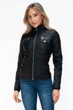 Removable Faux Layered Black Jacket with Fuzzy Hood for Women Woman Outerwear