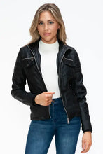 Removable Faux Layered Black Jacket with Fuzzy Hood for Women Woman Outerwear
