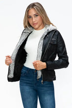 Removable Faux Layered Black Jacket with Fuzzy Hood for Women Woman Outerwear