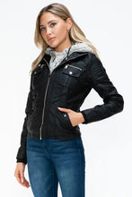 Removable Faux Layered Black Jacket with Fuzzy Hood for Women Woman Outerwear