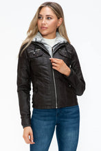 Removable Faux Layered Black Hooded Jacket with Sherpa-Lined Hood