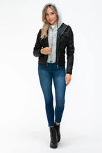 Removable Faux Layered Black Jacket with Fuzzy Hood for Women Woman Outerwear
