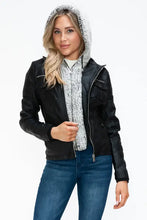 Removable Faux Layered Black Jacket with Fuzzy Hood for Women Woman Outerwear