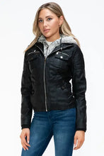 Removable Faux Layered Black Jacket with Fuzzy Hood for Women Woman Outerwear