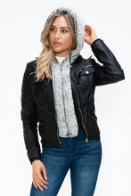 Removable Faux Layered Black Jacket with Fuzzy Hood for Women Woman Outerwear