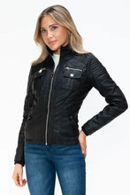 Removable Faux Layered Black Jacket with Fuzzy Hood for Women Woman Outerwear