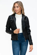 Removable Faux Layered Black Jacket with Fuzzy Hood for Women Woman Outerwear