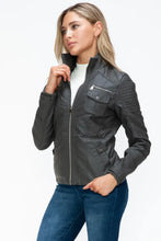 Removable Faux Layered Gray Jacket with Fuzzy Collar for Women Woman Outerwear