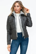 Removable Faux Layered Gray Jacket with Fuzzy Collar for Women Woman Outerwear