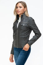 Removable Faux Layered Gray Jacket with Fuzzy Collar for Women Woman Outerwear