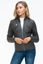 Removable Faux Layered Gray Jacket with Fuzzy Collar for Women Woman Outerwear