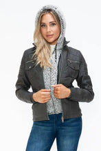 Removable Faux Layered Gray Jacket with Fuzzy Collar for Women Woman Outerwear