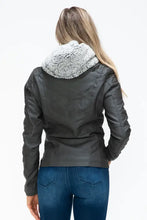 Removable Faux Layered Gray Jacket with Fuzzy Collar for Women Woman Outerwear