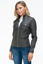 Removable Faux Layered Gray Jacket with Fuzzy Collar for Women Woman Outerwear
