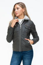 Removable Faux Layered Gray Jacket with Fuzzy Collar for Women