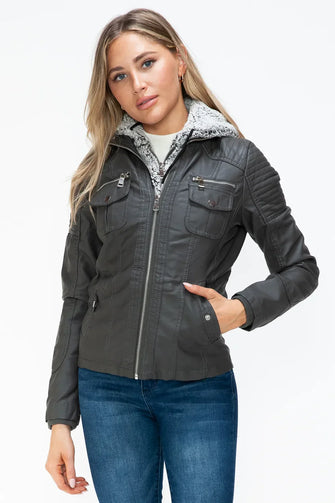 Removable Faux Layered Gray Jacket with Fuzzy Collar for Women Charcoal