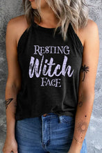 Black resting witch face graphic halter tank top