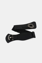 Retro elastic wide belt with black elastic waistband and ornate silver buckle
