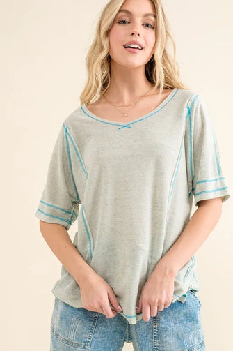 Reversed Stitch Basic T-Shirts for Women with Contrast Stitching Mint