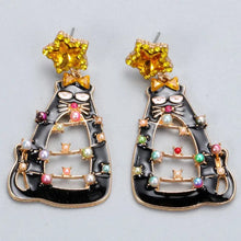 Black rhinestone alloy cat dangle earrings with colorful pearl accents