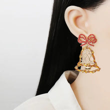 Festive gold and red rhinestone alloy Christmas bell earrings with bow