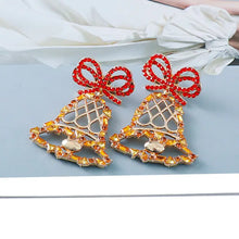 Rhinestone alloy Christmas bell earrings with red bows and amber rhinestones