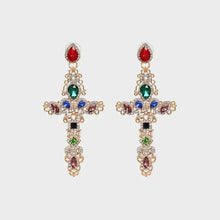 Gold-toned rhinestone alloy cross earrings with colorful gemstones