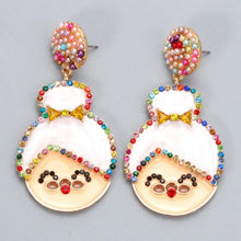 Rhinestone alloy Mrs. Claus dangle earrings with whimsical doll design